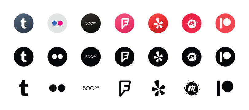 social media photography and creator round logo icons set tumblr flickr yelp meetup patreon