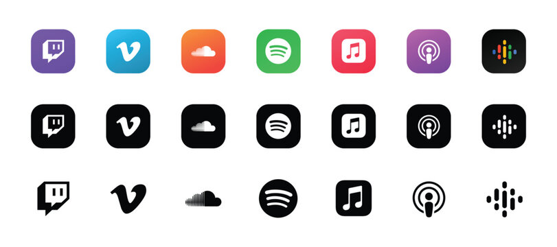 streaming music podcast app logo icons set twitch vimeo soundcloud spotify collection