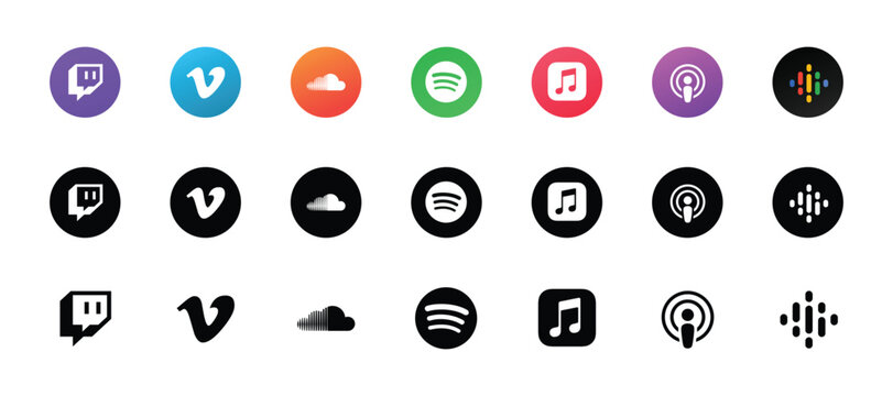 streaming music podcast round app logo icon set twitch vimeo soundcloud spotify