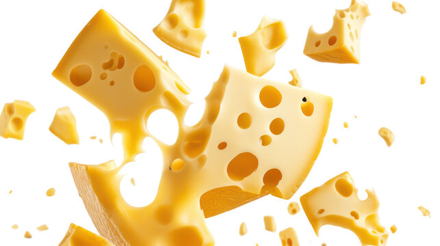 Golden cheese cubes floating on transparent background, 3d render