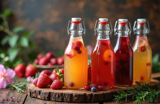 Four glass bottles with fermented fruit kombucha drinks. Variety of flavors like strawberry berry and citrus. Served on rustic wood with fresh fruits herbs. Healthy probiotic beverage.