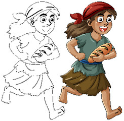 Naklejka premium Young Girl Running With Stolen Bread Loaf