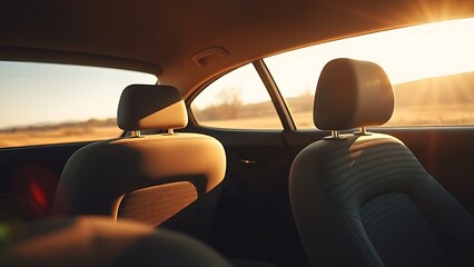 Fototapeta premium Sunlit car interior with empty seats, warm atmosphere and soft focus on distant landscape.
