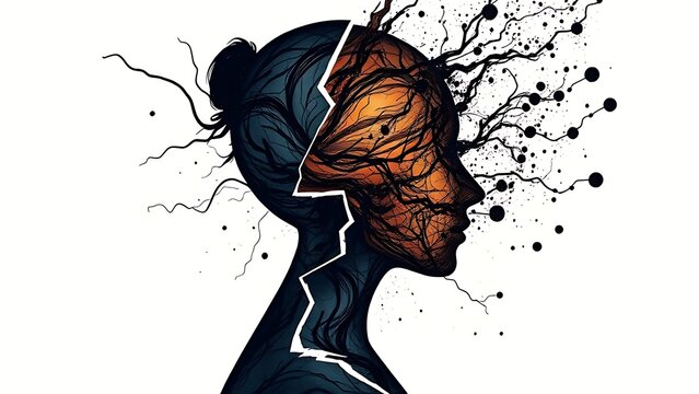 A fractured abstract silhouette of a woman with swirling chaotic patterns, symbolizing hormonal turbulence.