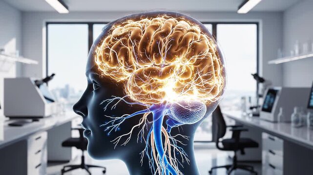Human head with glowing brain in laboratory setting with medical equipment