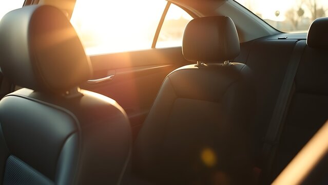Car interior with sunlight streaming through the window, focusing on empty seats.