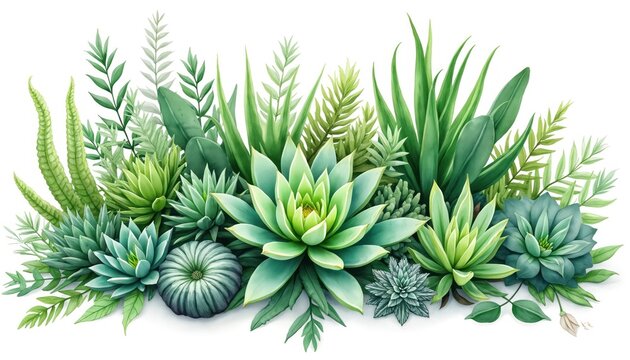 Watercolor illustration of diverse green plants including cacti, succulents arranged in natural composition on white background. Diverse foliage, succulent types create vibrant botanical theme