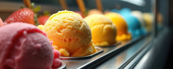 Row of colorful ice cream scoops in a display cooler. Assortment of frozen desserts offers variety of sweet flavors and tastes. Refreshing cold treats perfect for summer. © Maryna