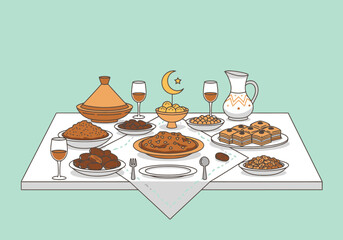 Moroccan Iftar Feast Spread With Tajine And Sweets On Laid Table Representing Traditional Ramadan Celebration Meal In North Africa