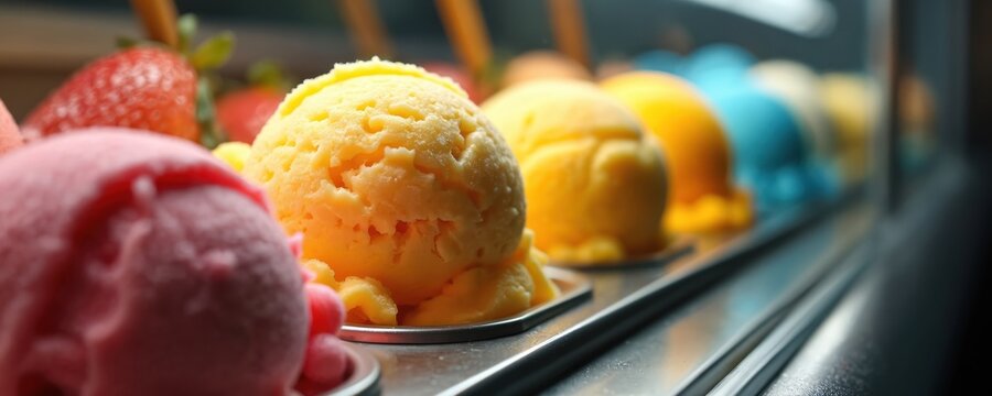 Row of colorful ice cream scoops in a display cooler. Assortment of frozen desserts offers variety of sweet flavors and tastes. Refreshing cold treats perfect for summer.