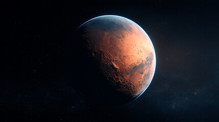 Obraz premium Planet Mars with Cold Blue Atmospheric Rim, High-Contrast Space Image