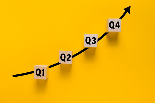 wooden cubes with q1, q2, q3, q4 symbol. isolated on yellow background. concept of quarterly report annual