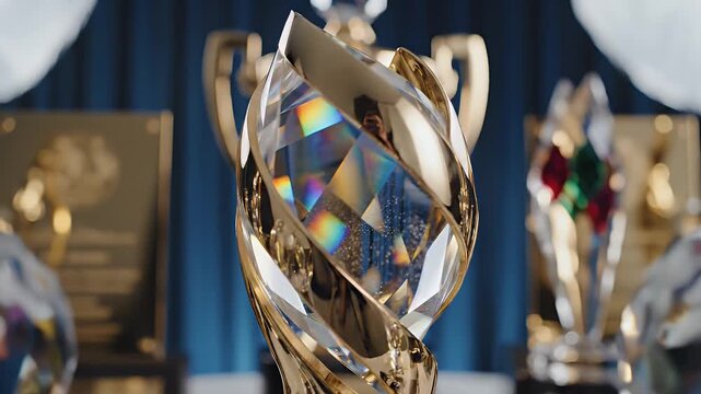 Golden Crystal Trophy Displayed with Award Statues Against Blue Velvet Background Reflecting Rainbow Light Spectrums