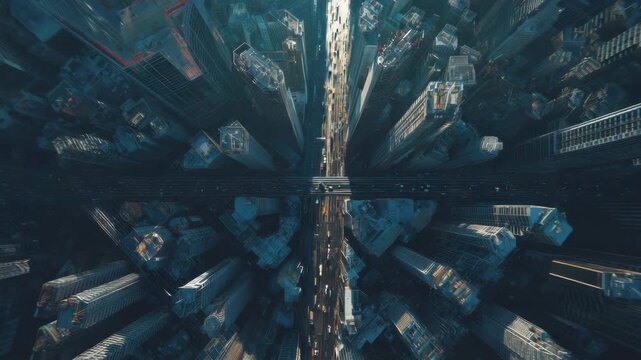 An overhead view of a densely populated futuristic city with tall skyscrapers and roads