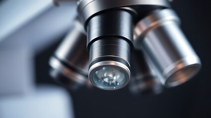 Fototapeta premium Closeup of a scientific microscope with detailed metal lens in a laboratory setting.