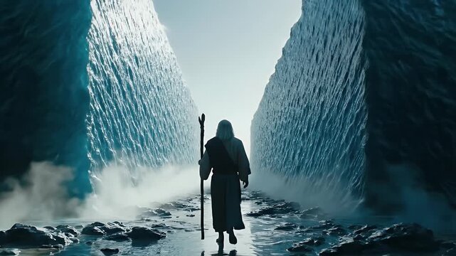 Man in White Robe Holding Staff Parts the Red Sea Under Bright Sky Dramatic Ocean Parting Epic Biblical Scene