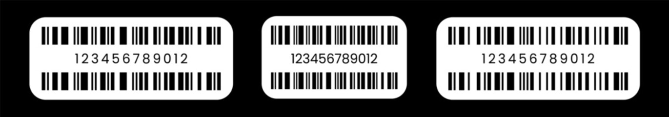 Fototapeta premium Vector long barcode illustration with numeric code on white rounded labels over black background, designed for retail scanning, product identification, and commerce systems