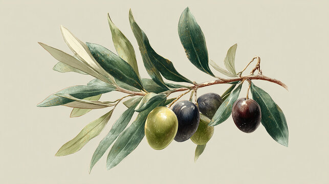 A close-up depiction of an olive branch with green and black olives against a plain backdrop