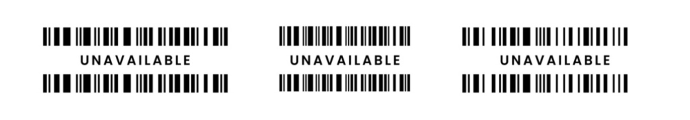 Vector fake long barcode illustration with transparent background, featuring UNAVAILABLE text and black vertical bars for product status display, retail mockup, and commerce design.