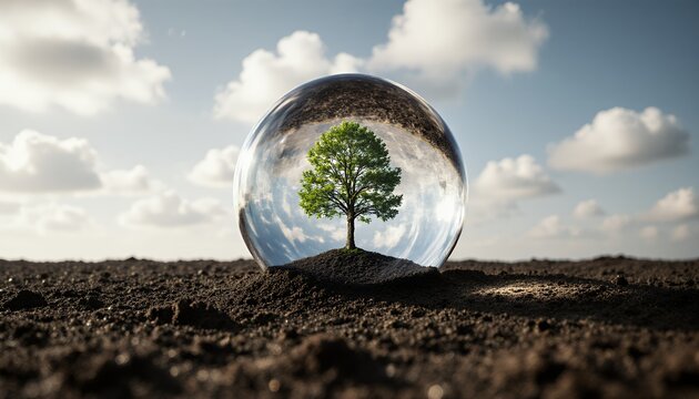 Minimalist Glass Orb with Tree Inside Under Blue Sky and Clouds
