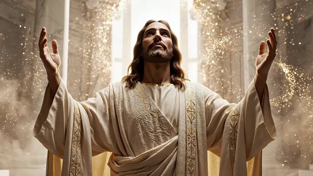 Man with Long Brown Hair and Beard Wearing a White and Gold Toga Raises Hands in Prayer in a Grand Hall with Golden