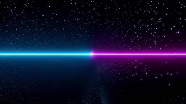 Abstract Neon Blue and Purple Laser Beam Clash with Glowing Particle Explosion and Shards in Dark Futuristic Space Background