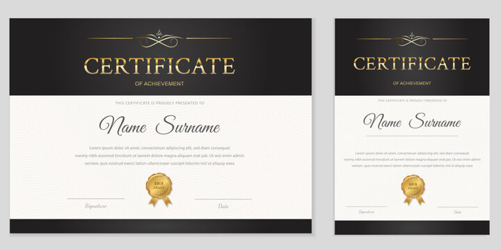 Elegant certificate template in landscape and portrait formats with black panels, guilloche background, and gold printing. Vector, fully editable, ready for A4 printing .