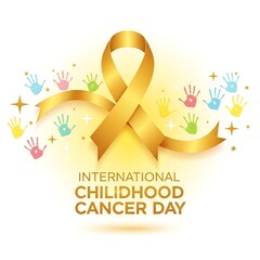 Obraz premium International childhood cancer day ribbon with colorful handprints and sparkles