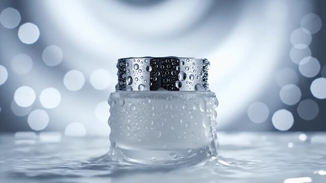 Frosted Glass Cosmetic Jar with Silver Lid Splashed by Water Against a Soft Bokeh Background in Soft Blue Light