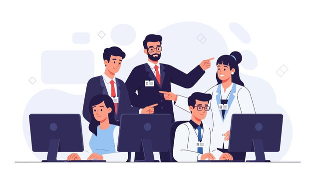 Teamwork in office: Manager leading diverse employees working on computers