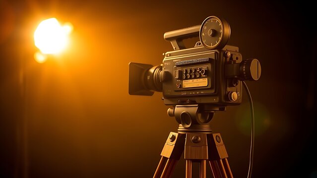 A vintage movie camera on a wooden tripod exudes classic cinematic charm with warm nostalgic tones.