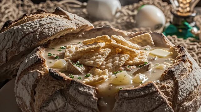 Thick clam chowder served in a crusty bread bowl