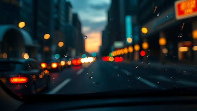 Nighttime city driving view through a windshield, urban lights and reflections.