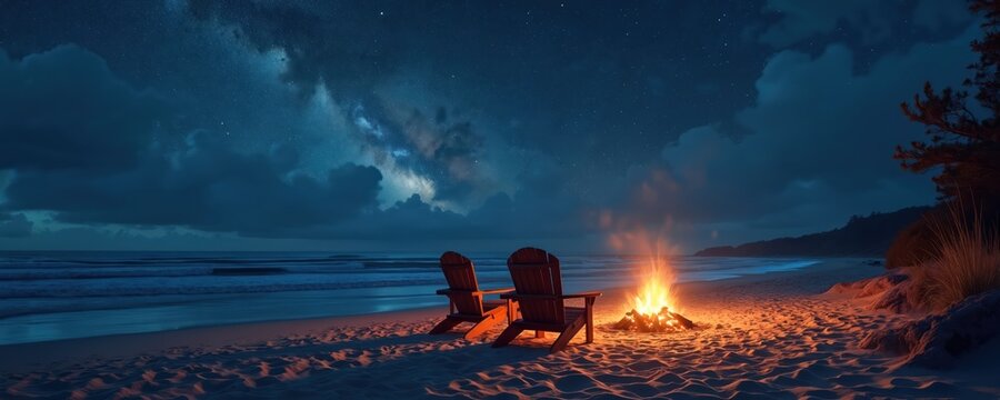 Two empty wooden chairs sit on sand facing ocean waves under starry night sky. A warm bonfire burns brightly on the beach beside the chairs.