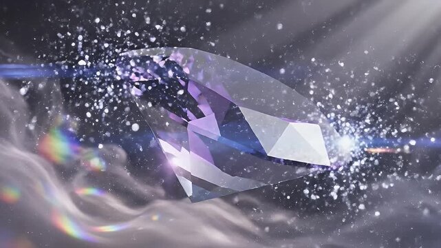 Abstract Diamond Crystal Formation with Sparkling Particles and Light Rays in Smoky Atmosphere