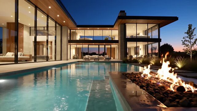 Luxurious Modern Home With Infinity Pool and Fire Pit At Dusk With Warm Interior Lighting And Sunset Sky