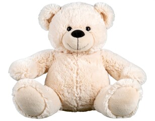 Obraz premium A soft, fluffy, beige teddy bear sits with arms and legs outstretched, face turned toward the viewer, smiling gently