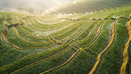 Fototapeta premium Vibrant green terraced rice fields illuminated by the soft golden glow of dawn, showcasing the intricate patterns and agricultural beauty of the misty landscape
