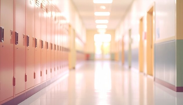 A bright and empty school hallway with rows of lockers on the left and doors on the right