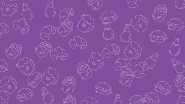 Seamless pattern of food items on a purple background. Great for food packaging, kitchen textiles, restaurant menus, and social media posts.