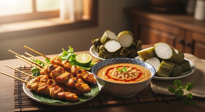 Delicious Chicken Satay with Peanut Sauce and Lemang on Wooden Table