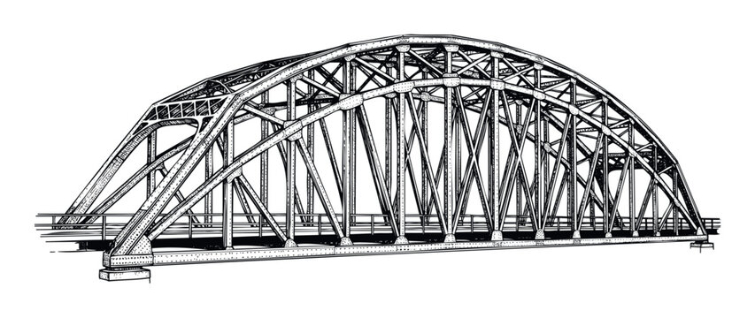 Technical drawing of a robust metal arch bridge featuring intricate truss framework and riveted connections suitable for infrastructure project visualizations and engineering presentations
