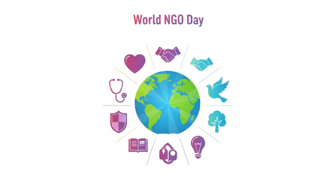 World ngo day icons around earth globe on white background