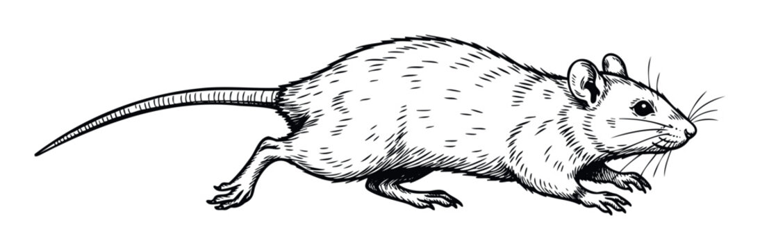 A black and white hand drawn sketch of a scurrying rat, perfect for educational content, nature studies, pest control information, or graphic design projects