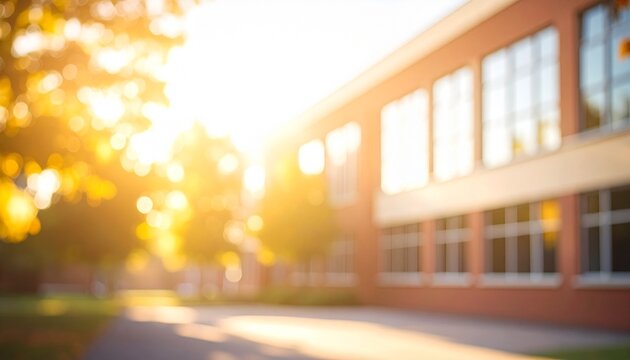 A blurred, sun-drenched outdoor scene featuring a brick building with windows and bright golden sunlight filtering through trees on a warm day.