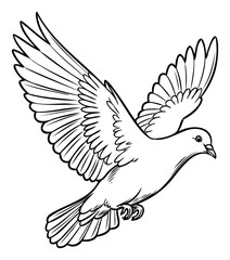 Obraz premium Graceful flying dove outlined in black, symbolizing peace and freedom, ideal for religious, spiritual, or symbolic projects and peaceful event announcements.