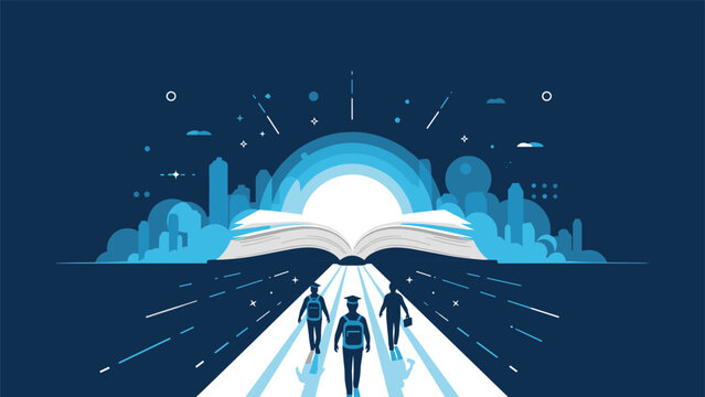 Three graduates walking on a path towards an open book and a stylized city skyline, symbolizing educational achievement, career path, and future success.