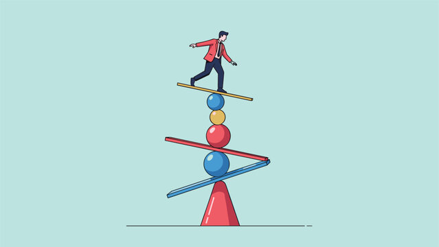Man expertly balancing on a precarious stack of colorful geometric shapes and planks, symbolizing business stability, risk management, and maintaining equilibrium in complex situations.