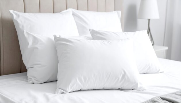 A soft, inviting bed setup features fluffy white pillows arranged on a crisp, white bedspread. A bedside lamp sits in the background