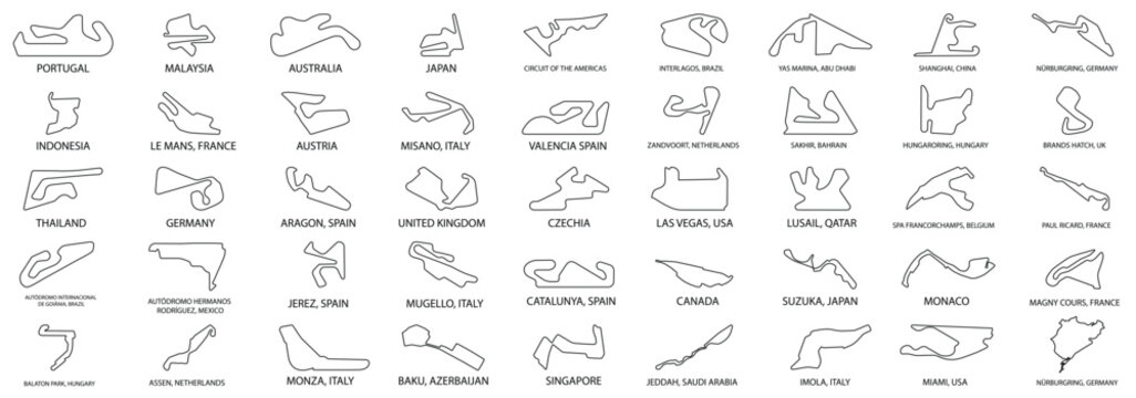 Set of racing  track circuit layout. Collection of GP Race Track Illustrations with Editable Stroke. Formula Racing Circuit Vectors.